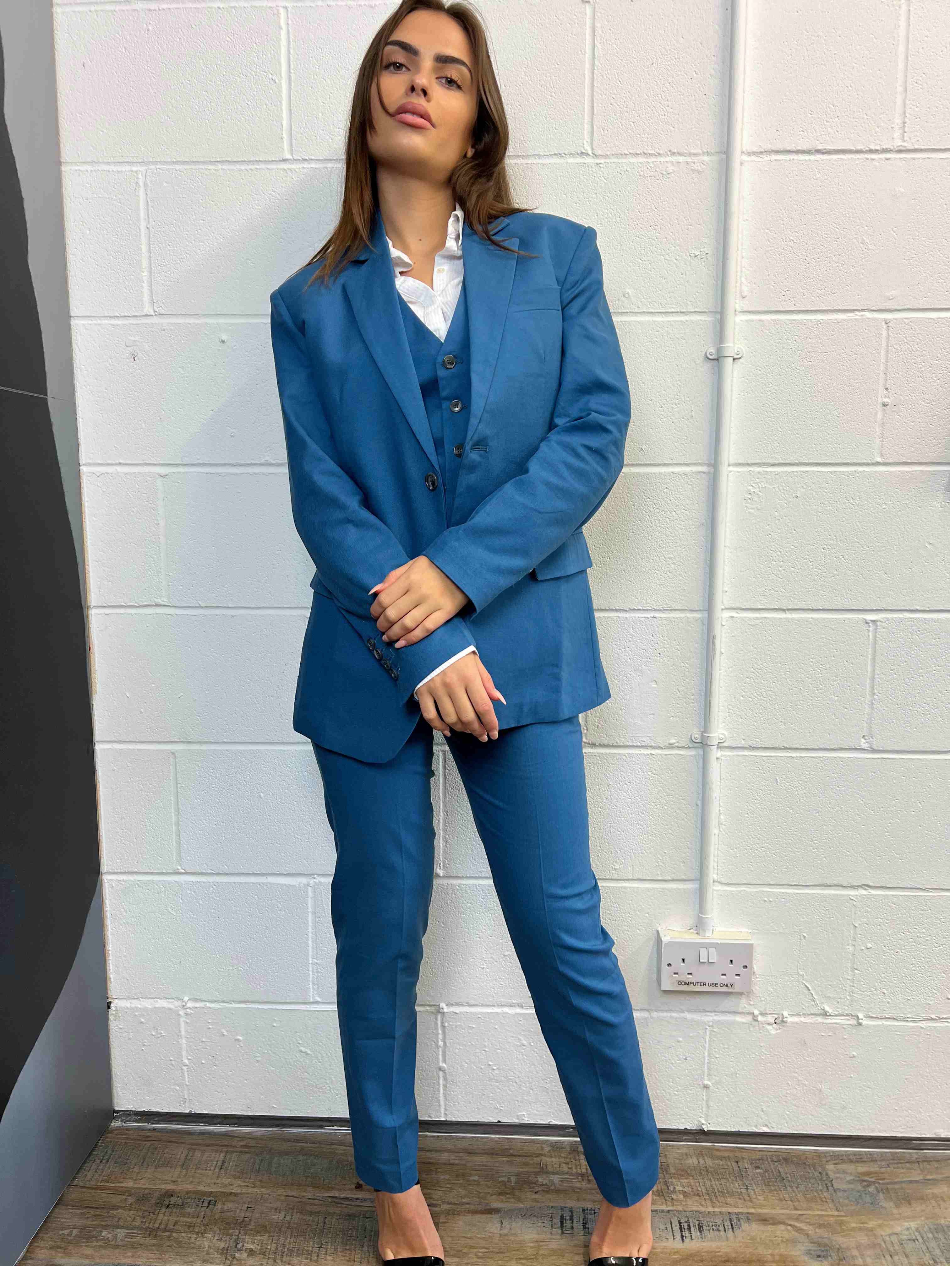 Blue 3 Piece Linen Female Suit, Wedding, Office